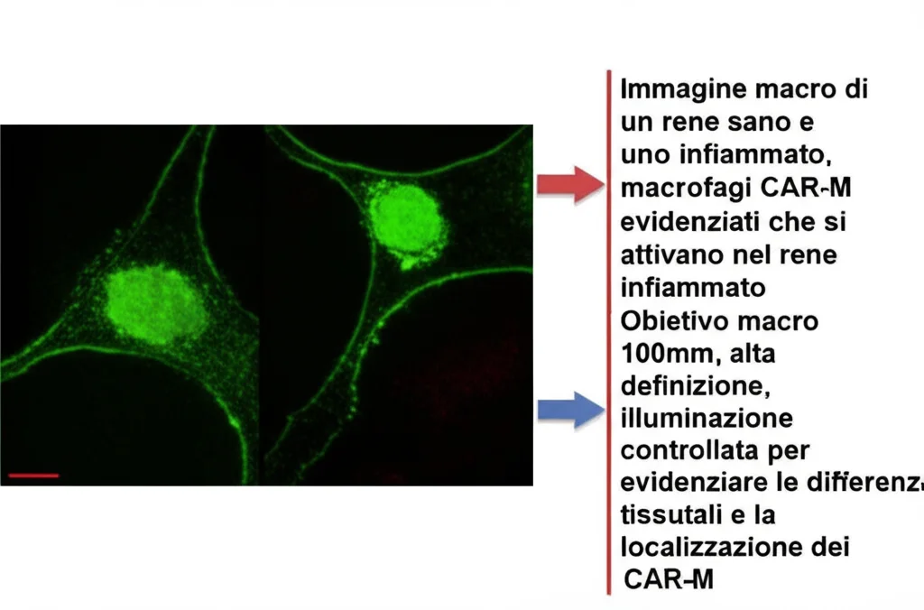 Immagine macro di un rene sano e uno infiammato, con macrofagi CAR-M evidenziati che si attivano nel rene infiammato. Obiettivo macro 100mm, alta definizione, illuminazione controllata per evidenziare le differenze tissutali e la localizzazione dei CAR-M.