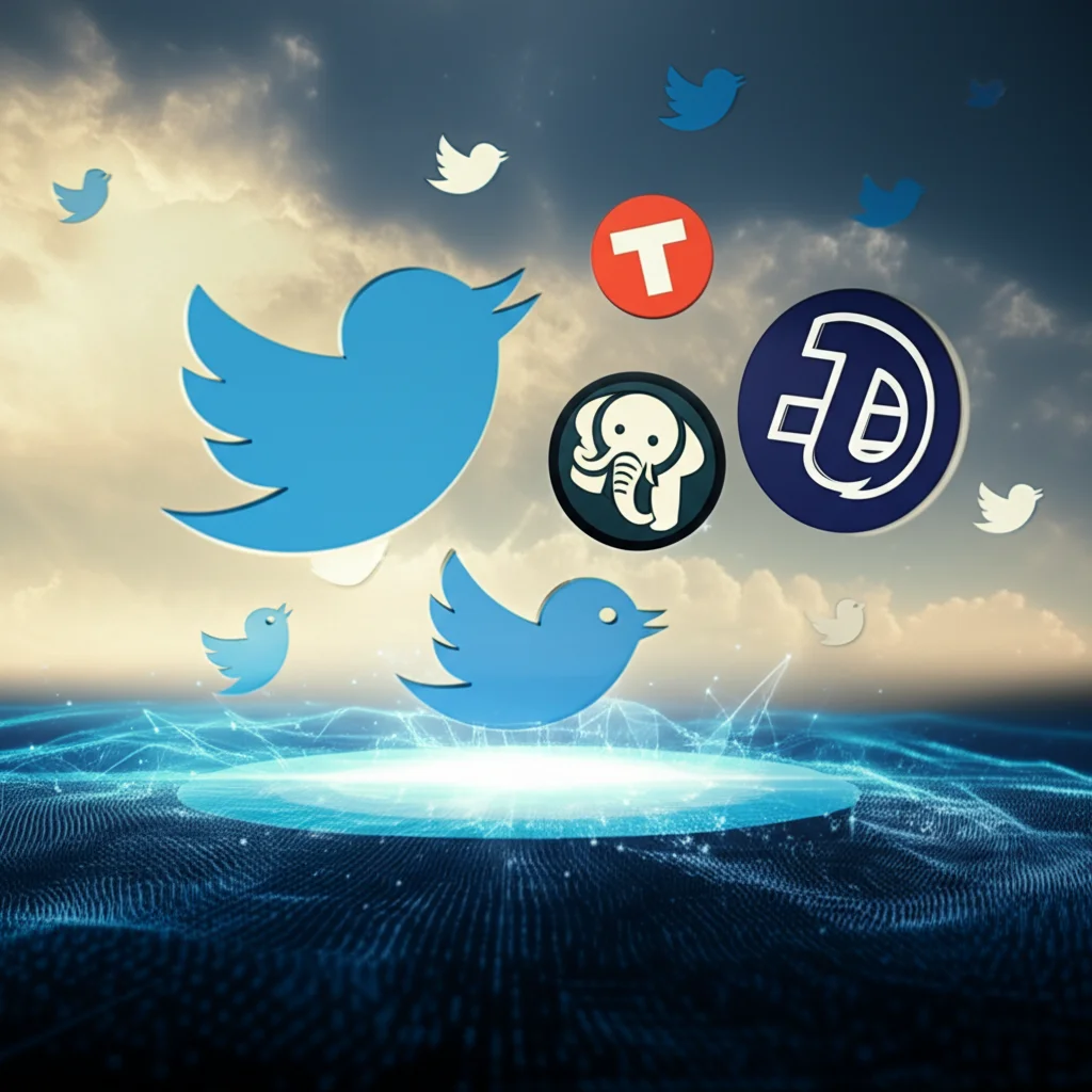 Un'immagine concettuale che rappresenta la migrazione degli utenti dai social media: icone di uccellini blu (Twitter/X) che volano via da una piattaforma centrale verso altre piattaforme emergenti come Threads, Mastodon, e Truth Social, simboleggiate da icone stilizzate. Lo sfondo è un cielo digitale con nuvole di dati. Illuminazione drammatica, stile cinematografico, obiettivo prime da 35mm, profondità di campo.