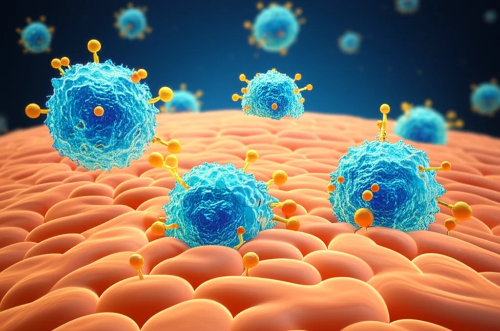 Visualizzazione artistica di macrofagi CAR-M che circondano cellule infiammate in un tessuto generico, rilasciando segnali anti-infiammatori (molecole stilizzate). Effetto duotone blu e oro, profondità di campo, stile cinematografico, alta definizione.
