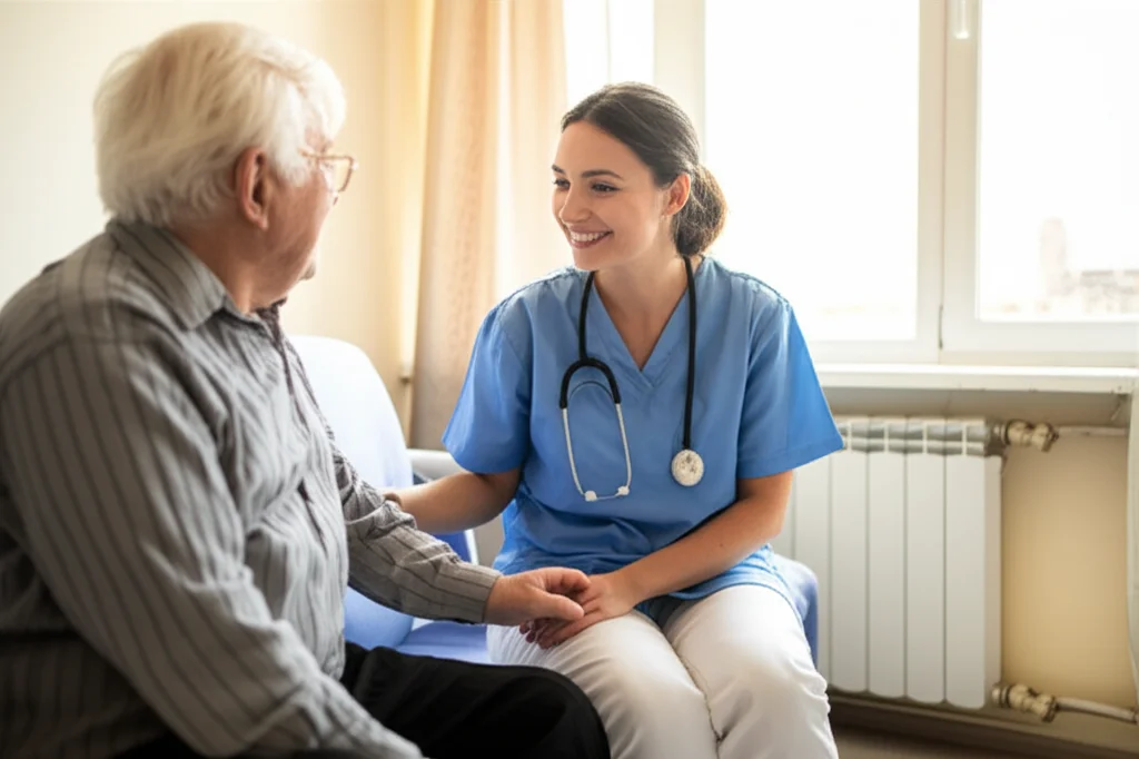 Fotografia di un'infermiera sorridente che parla con un anziano seduto comodamente nel suo salotto durante una visita domiciliare. L'ambiente è accogliente e luminoso. Lenti prime 35mm, luce naturale dalla finestra, profondità di campo per mettere a fuoco i soggetti, colori caldi e rassicuranti.