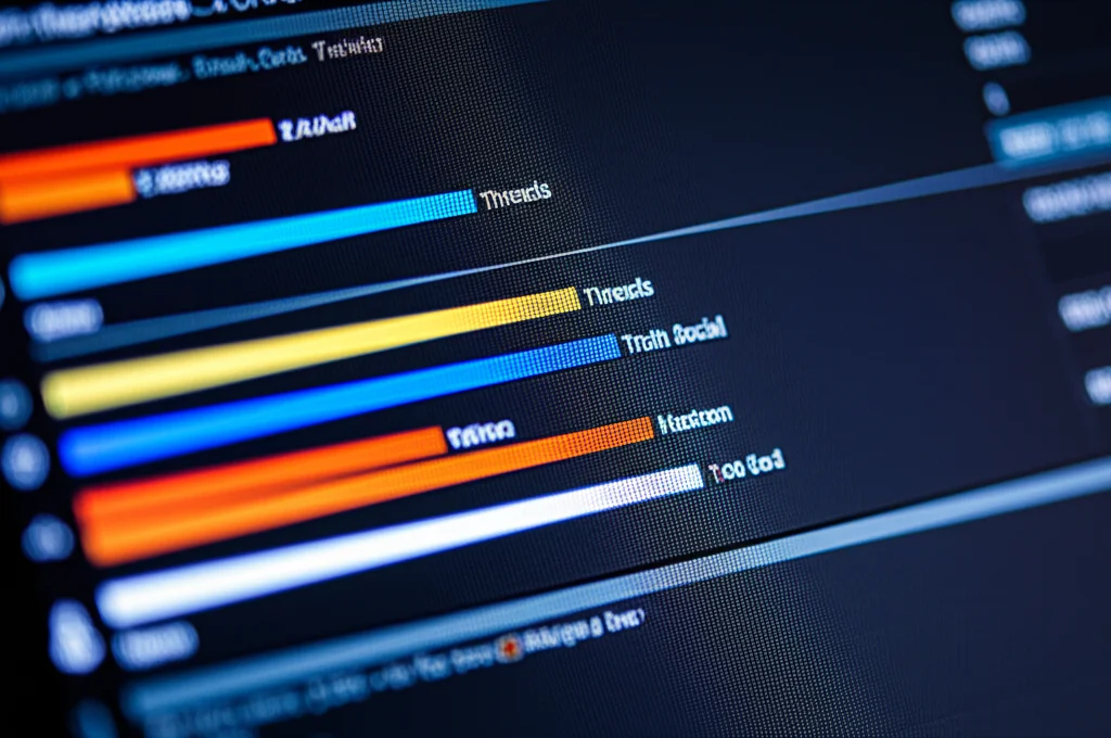Grafico stilizzato che mostra barre di diverse altezze rappresentanti il numero di follower su diverse piattaforme (X/Twitter, Threads, Mastodon, Truth Social) per un utente ipotetico. La barra di Threads è quasi alta come quella di X/Twitter, mentre quelle di Mastodon e Truth Social sono significativamente più basse. Macro lens, 60mm, high detail, precise focusing, controlled lighting su un display digitale.