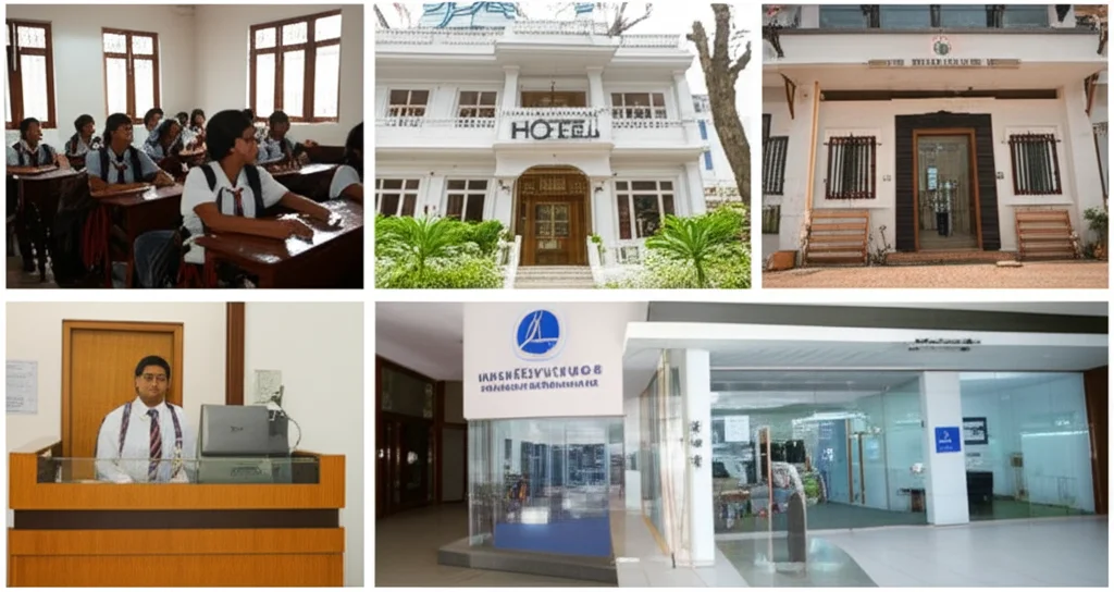 Un'immagine composita che mostra diverse sfaccettature del settore dei servizi a Kathmandu: un'aula scolastica luminosa con studenti attenti, l'esterno di un piccolo hotel caratteristico, una cassa di una banca moderna e l'ingresso di una clinica sanitaria. Obiettivo prime 35mm, profondità di campo media per includere dettagli contestuali, luce naturale diffusa per un aspetto realistico.