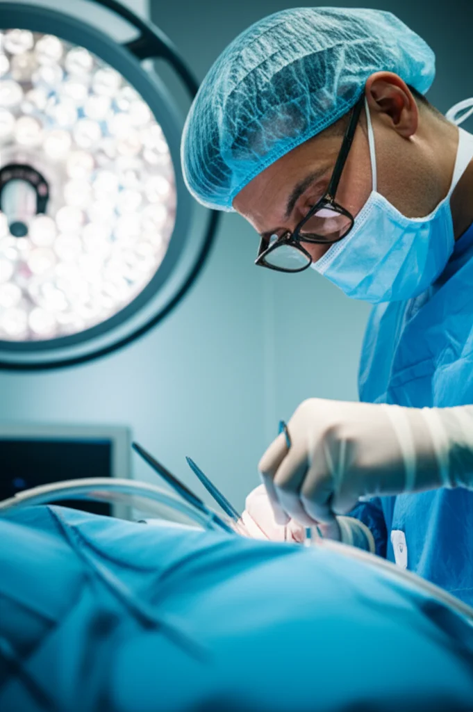 Un chirurgo urologo, in una sala operatoria moderna e luminosa, mentre esegue con precisione una plicatura della tunica albuginea. Macro lens, 70mm, high detail, controlled lighting, focus sull'area chirurgica con strumenti visibili.
