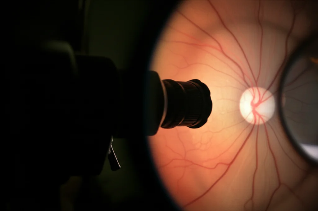 Primo piano dell'occhio di un paziente durante un esame oftalmologico, con l'oftalmoscopio che proietta luce sulla retina. Dettagli macro della retina con vasi sanguigni visibili, illuminazione controllata per evidenziare la patologia. Lente macro, 80mm, alta definizione.