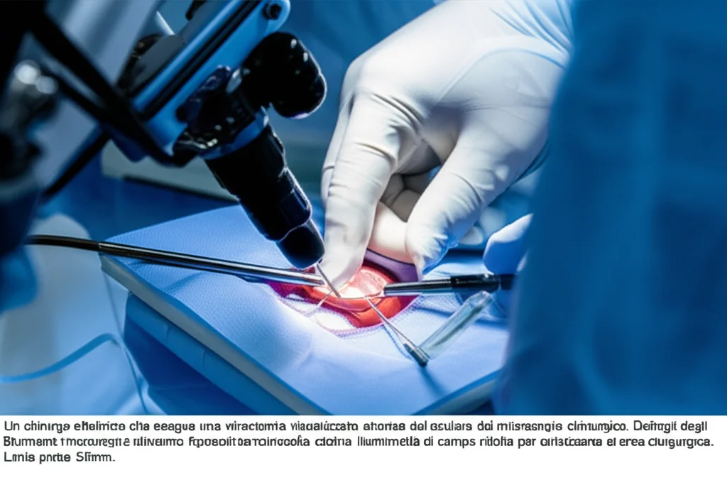 Un chirurgo oftalmico che esegue una vitrectomia, visualizzato attraverso l'oculare del microscopio chirurgico. Dettagli degli strumenti microchirurgici all'interno dell'occhio. Illuminazione focalizzata, profondità di campo ridotta per enfatizzare l'area chirurgica. Lente prime, 50mm.