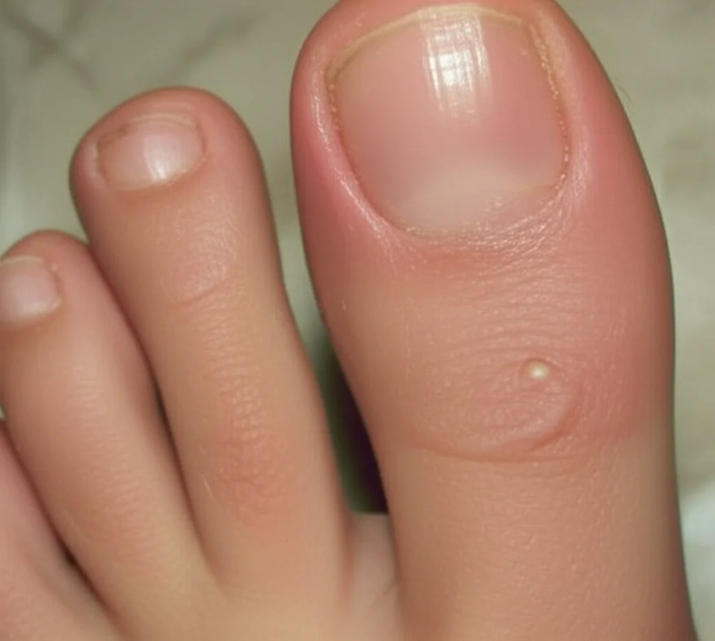 Primo piano di dita di mani e piedi con papule rosse e infiammate, tipiche dei geloni. L'immagine dovrebbe essere molto dettagliata, come scattata con un obiettivo macro da 60mm, con illuminazione controllata per evidenziare la texture della pelle e l'infiammazione. Focus preciso sulle lesioni.