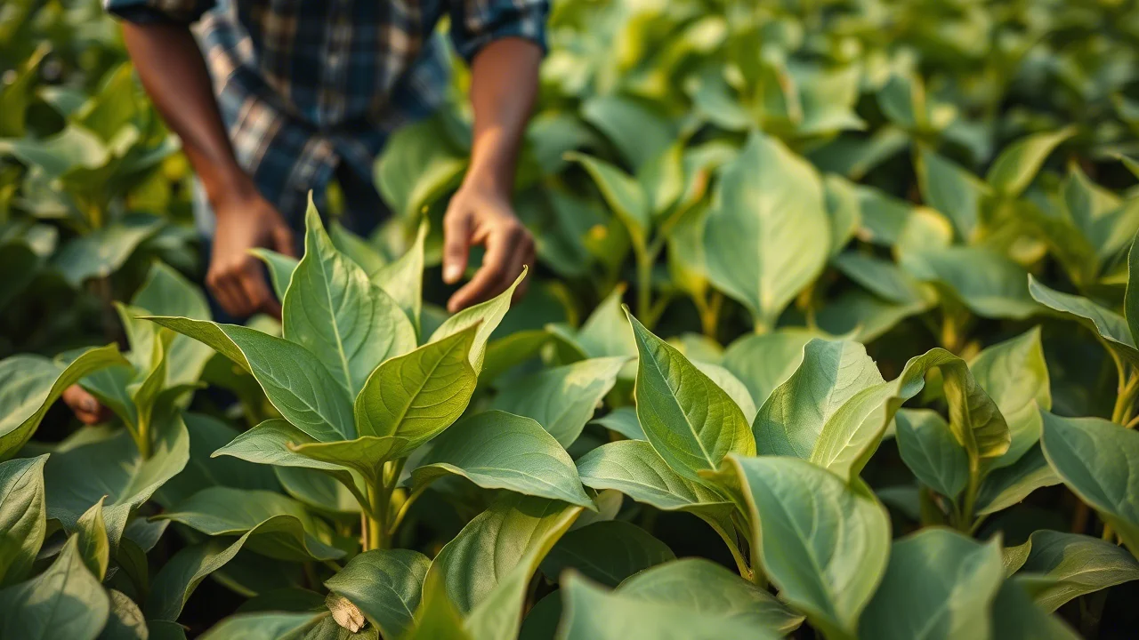 Un campo di soia rigoglioso in India, con un agricoltore che ispeziona le foglie delle piante. Macro lens, 60mm, alta definizione per mostrare la texture delle foglie sane e i primi segni di ingiallimento su alcune, illuminazione naturale diffusa.