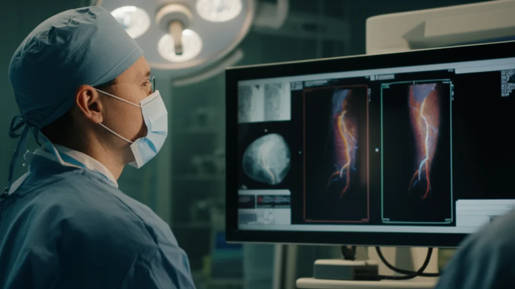 Fotografia realistica di un team medico in una sala di emodinamica moderna. Un cardiologo interventista, con mascherina e camice sterile, esamina un angiogramma coronarico visualizzato su un grande schermo ad alta risoluzione. L'immagine sull'angiogramma mostra il flusso del mezzo di contrasto attraverso le arterie coronarie. L'ambiente è high-tech, con luci chirurgiche e attrezzature mediche avanzate. Obiettivo prime, focale 35mm, per un ritratto ambientale, con profondità di campo che mantiene a fuoco il medico e il monitor principale, sfocando leggermente lo sfondo per dare contesto. Illuminazione controllata per dettagli nitidi e un'atmosfera professionale.