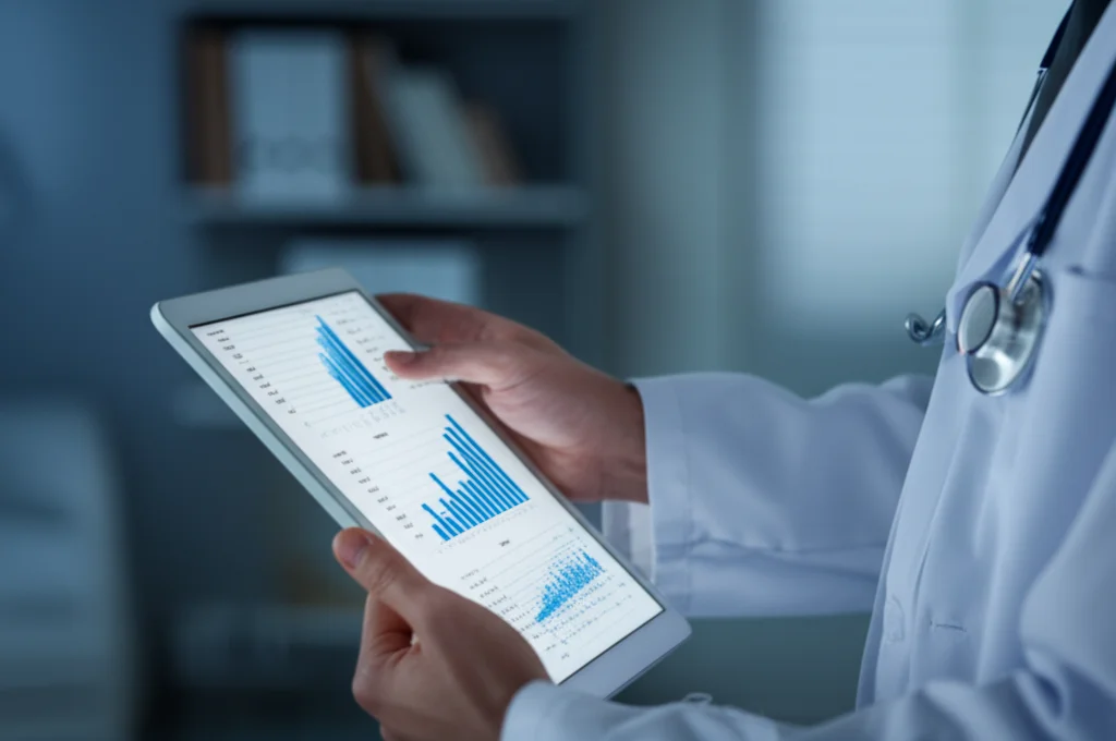 Un medico che consulta attentamente una cartella clinica digitale su un tablet in uno studio moderno e luminoso. Sullo schermo del tablet sono visibili grafici e dati sanitari stilizzati. L'illuminazione è controllata, tipica da studio fotografico, con un obiettivo prime da 35mm che crea una leggera profondità di campo, mettendo a fuoco il medico e il tablet, mentre lo sfondo rimane leggermente sfocato. L'atmosfera è professionale e tecnologica.