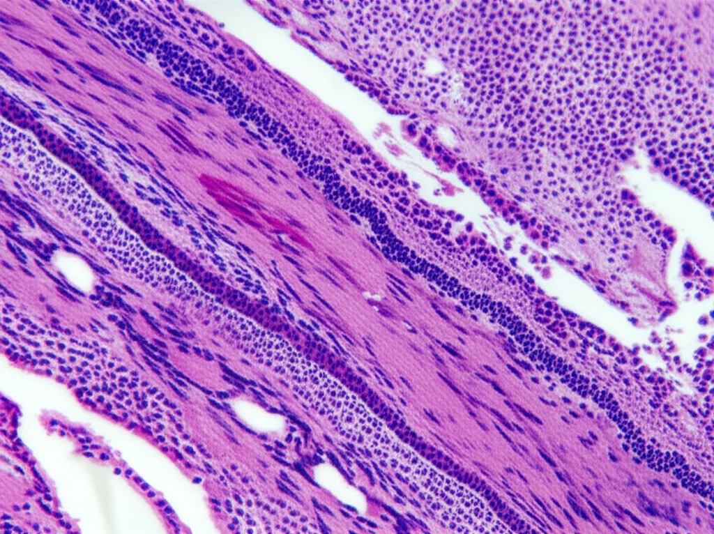 Visualizzazione al microscopio di un campione bioptico di pelle che mostra edema del derma papillare e infiltrazione di cellule mononucleate perivascolari e perieccrine, tipiche dei geloni. Dettaglio elevato, come un'immagine scientifica, obiettivo macro 100mm, illuminazione da laboratorio.