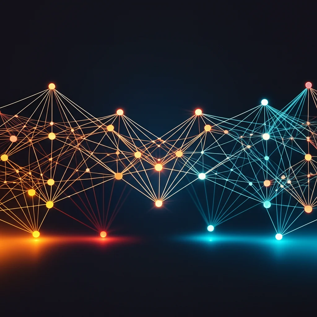 Visualizzazione grafica astratta di una rete neurale ibrida, con nodi interconnessi e flussi di dati che convergono verso un risultato predittivo accurato. Illuminazione high-tech, colori vivaci su sfondo scuro per simboleggiare l'intelligenza artificiale.
