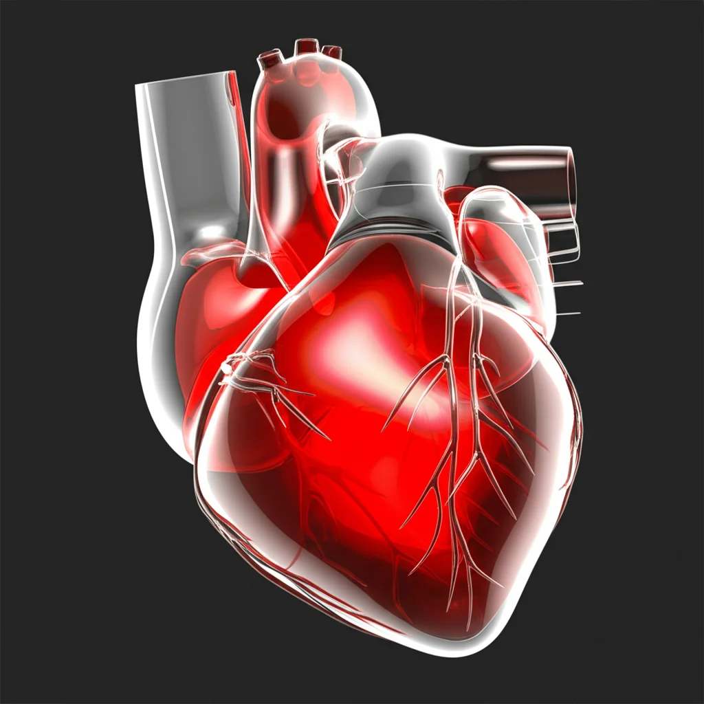 Un cuore umano anatomicamente corretto, ma stilizzato e semitrasparente, visualizzato con tecnica macro. Alcune aree del cuore sono evidenziate con un colore rosso brillante per simboleggiare problematiche o aree di interesse medico. Lo sfondo è scuro, uniforme e pulito per massimizzare il contrasto e il dettaglio del cuore. L'immagine è catturata con un obiettivo macro da 100mm, garantendo altissima definizione e messa a fuoco precisa, con illuminazione da studio controllata per esaltare le texture e la tridimensionalità.