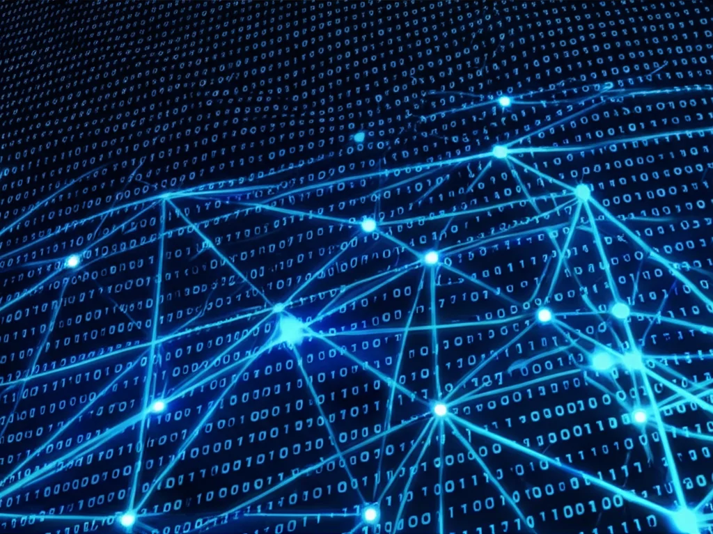 Visualizzazione astratta di una rete complessa di dati binari (0 e 1) che vengono scomposti e analizzati, con nodi luminosi che rappresentano i 'participant scores' e 'category scores'. Illuminazione controllata, obiettivo macro 85mm per dettaglio, alta definizione, messa a fuoco precisa.