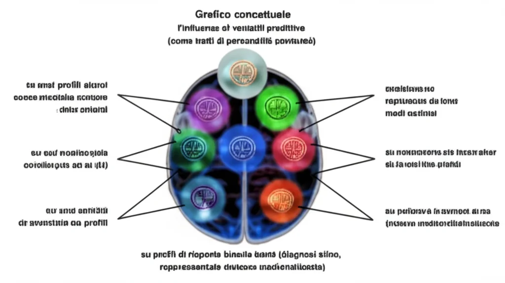 Grafico concettuale che mostra l'influenza di variabili predittive (come tratti di personalità su uno sfondo astratto di profili cerebrali) su profili di risposte binarie (diagnosi sì/no, rappresentate da icone mediche stilizzate), con frecce luminose che indicano le relazioni. Stile infografica scientifica, alta definizione, illuminazione da studio, obiettivo 50mm per una prospettiva naturale.
