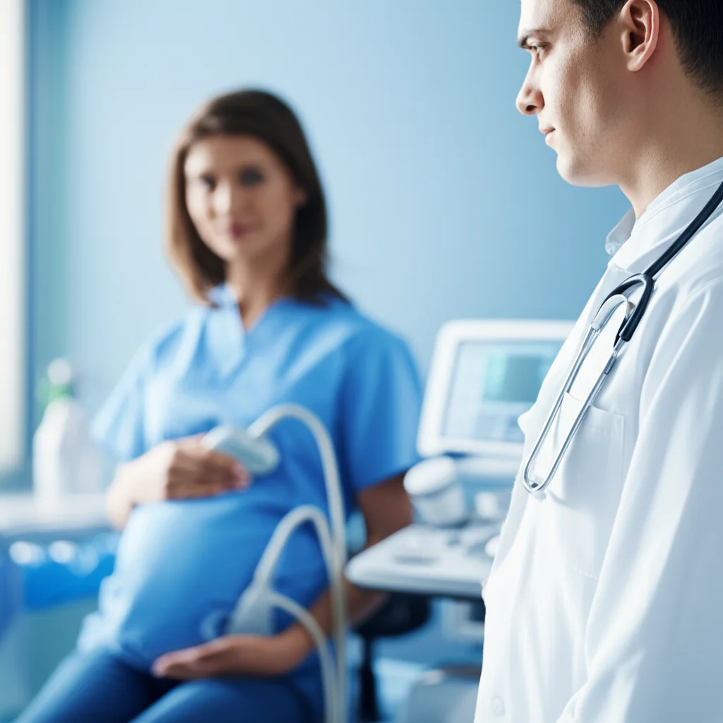 Un medico specializzato in ostetricia esegue un'ecografia Doppler fetale su una paziente incinta in una sala parto moderna e ben illuminata. L'immagine è un ritratto a 35mm, con una profondità di campo che sfoca leggermente lo sfondo, mettendo a fuoco il volto concentrato del medico e il trasduttore sull'addome della paziente. Toni duocromatici blu e grigio per un'atmosfera professionale e calma.