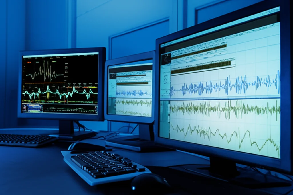 Un sismografo moderno in un centro di monitoraggio sismico, con grafici di onde sismiche visualizzati su schermi digitali ad alta risoluzione. L'ambiente è illuminato da luci controllate, mettendo in risalto i dettagli tecnologici. Obiettivo macro, 80mm, alta definizione, messa a fuoco precisa.
