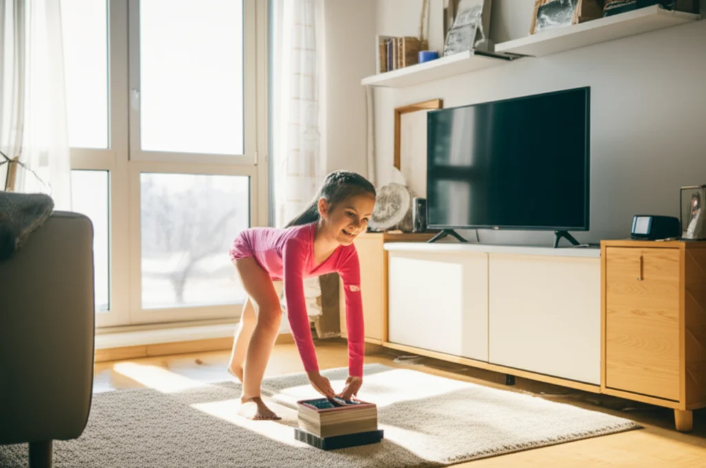 Una bambina di 8 anni, con un sorriso radioso, mentre fa esercizi ginnici davanti a uno schermo televisivo in un salotto accogliente e luminoso. La luce del sole filtra dalla finestra, illuminando la scena. Obiettivo prime da 35mm, profondità di campo per mettere a fuoco la bambina e sfocare leggermente lo sfondo, colori vivaci e naturali.