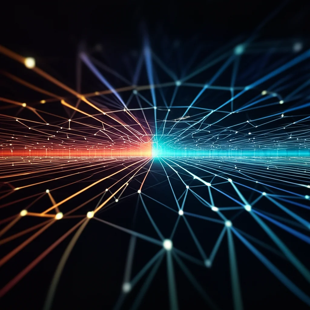 Visualizzazione astratta di una rete neurale convoluzionale che processa uno spettrogramma STFT colorato. Linee di dati fluiscono verso nodi luminosi interconnessi, rappresentando l'elaborazione. Sfondo scuro per far risaltare i colori vivaci dello spettrogramma e della rete. Illuminazione drammatica, stile high-tech.