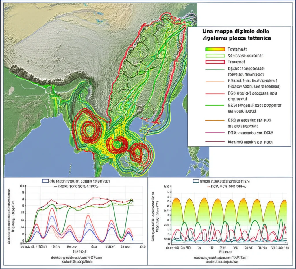 Una mappa digitale della placca tettonica di Taiwan con epicentri di terremoti evidenziati e onde sismiche simulate che si propagano. Dati sovrapposti mostrano grafici di PGA, PGV, PGD. Obiettivo grandangolare, 15mm, per una visione d'insieme, con dettagli nitidi sui grafici.