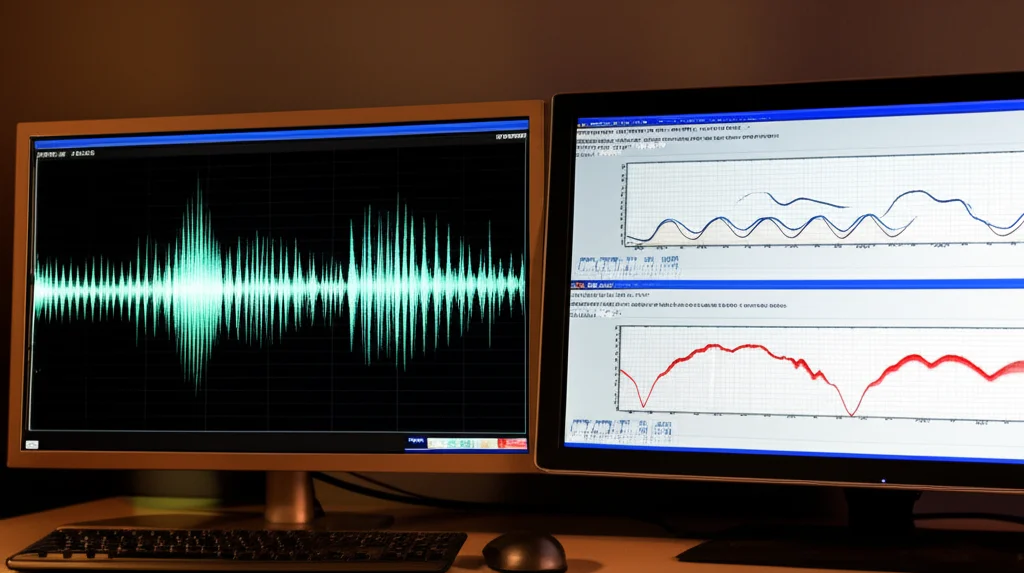 Primo piano di un'onda sinusoidale a bassa frequenza sovrapposta a un sismogramma complesso su uno schermo di computer. Accanto, una visualizzazione comparativa di uno spettrogramma STFT e WPT che evidenzia le differenze nella rappresentazione delle basse frequenze. Obiettivo macro, 100mm, alta definizione, illuminazione da studio per massima chiarezza.