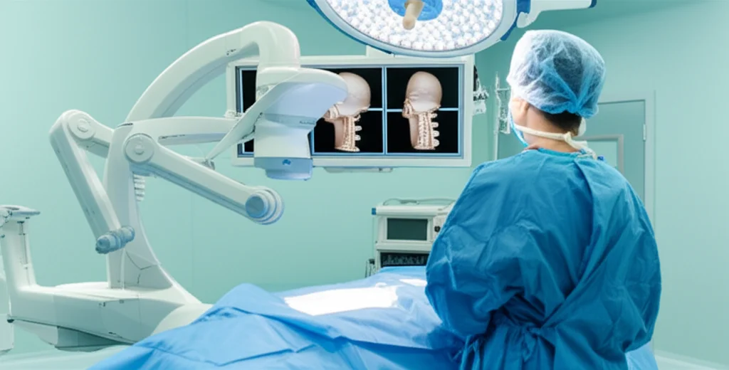 Immagine fotorealistica di una sala operatoria moderna. Un chirurgo osserva attentamente uno schermo che mostra ricostruzioni 3D della colonna cervicale. Il dispositivo di imaging O-arm è visibile nelle vicinanze. Obiettivo prime, 35mm, profondità di campo, illuminazione controllata, ambiente clinico.
