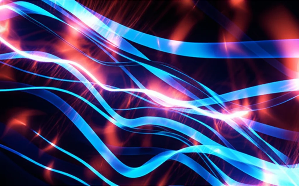 Visualizzazione astratta di un plasma denso e incandescente attraversato da linee di campo magnetico blu brillanti e contorte, con particelle di elettroni che sfrecciano veloci. Macro lens, 80mm, high detail, precise focusing, controlled lighting con forti contrasti tra luce e ombra per enfatizzare la dinamica.