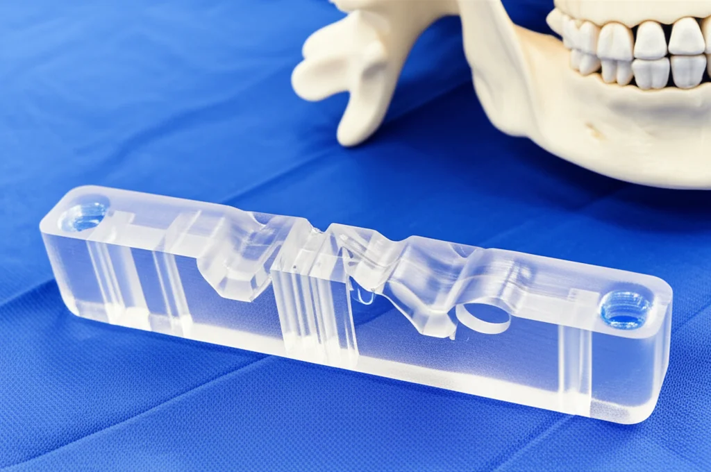 Scatto macro, obiettivo da 100mm, di una guida chirurgica personalizzata traslucida stampata in 3D per chirurgia spinale, appoggiata su un telo chirurgico blu sterile accanto a un modello stampato in 3D di vertebre cervicali. Dettaglio elevato, messa a fuoco precisa, illuminazione controllata.