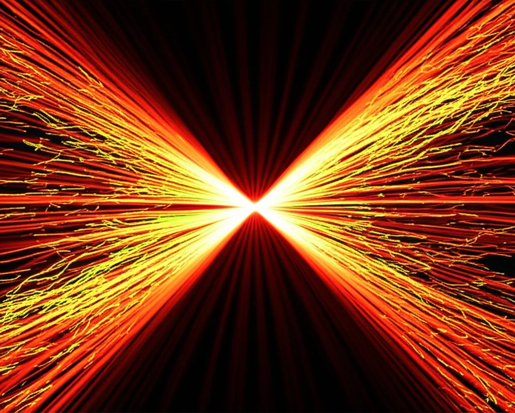 Simulazione computerizzata di linee di campo magnetico che formano una configurazione a X durante un evento di riconnessione magnetica, con particelle di plasma accelerate. Telephoto zoom, 200mm, fast shutter speed, action tracking per catturare il movimento delle particelle, colori intensi arancione e rosso per l'energia rilasciata.