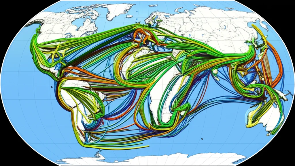Immagine fotorealistica di una mappa del mondo stilizzata che evidenzia i flussi di materiali critici dai paesi produttori (Africa, Sud America, Sud-est asiatico) verso i paesi consumatori (Nord America, Europa, Asia Orientale). Le frecce che indicano i flussi sono colorate e di spessore variabile a seconda del volume. Wide-angle, 15mm, sharp focus, con un effetto di profondità che fa risaltare la concentrazione geografica.