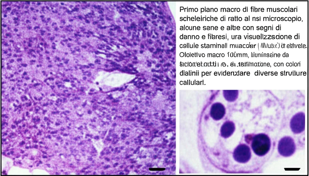 Primo piano macro di fibre muscolari scheletriche di ratto al microscopio, alcune sane e altre con segni di danno e fibrosi. Accanto, una visualizzazione di cellule staminali muscolari (MuSC) attivate. Obiettivo macro 100mm, illuminazione da laboratorio controllata, alta definizione, con colori distinti per evidenziare le diverse strutture cellulari.