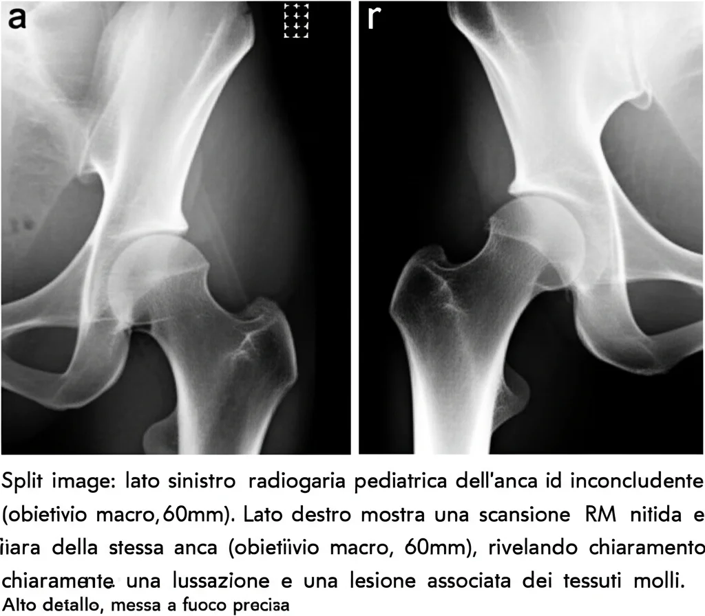 Split image: lato sinistro mostra una radiografia pediatrica dell'anca sfocata e inconcludente (obiettivo macro, 60mm). Lato destro mostra una scansione RM nitida e chiara della stessa anca (obiettivo macro, 60mm), rivelando chiaramente una lussazione e una lesione associata dei tessuti molli. Alto dettaglio, messa a fuoco precisa.