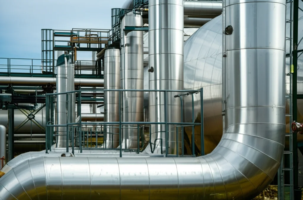 Un impianto di biogas moderno e pulito, con tubature lucide e serbatoi di digestione, in un contesto industriale ma integrato con elementi verdi. Macro lens, 80mm, high detail, controlled lighting, per evidenziare la tecnologia e la sostenibilità.
