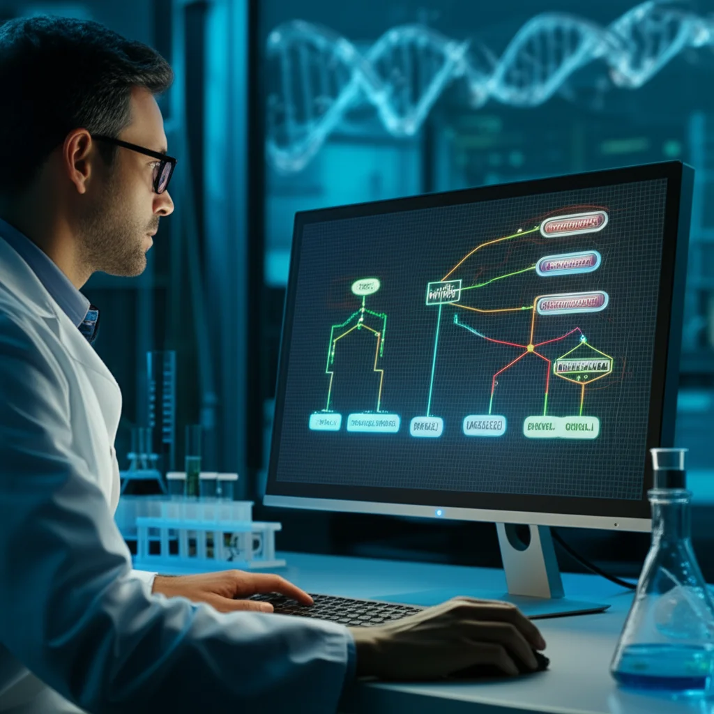 Un ricercatore genetista osserva un complesso albero genealogico digitale visualizzato su un monitor ad alta risoluzione in un laboratorio moderno. L'albero genealogico è rappresentato come un grafo aciclico diretto (DAG) con nodi luminosi che indicano individui e linee che collegano genitori e figli. Sullo sfondo, si intravedono sequenze di DNA stilizzate. L'immagine deve avere un'illuminazione controllata, alta definizione e una leggera profondità di campo per mettere a fuoco il monitor. Prime lens, 35mm.