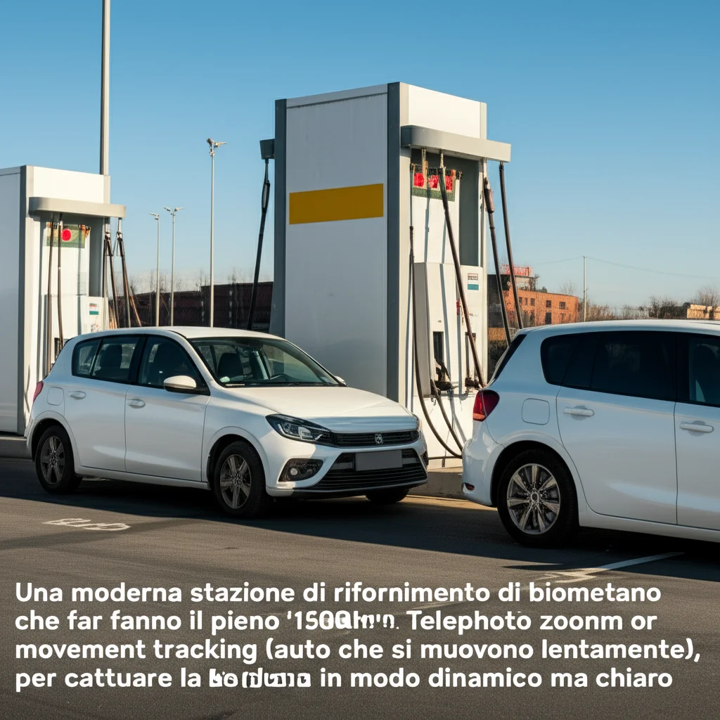 Una moderna stazione di rifornimento di biometano, con auto passeggeri che fanno il pieno. Telephoto zoom, 150mm, action or movement tracking (auto che si muovono lentamente), per catturare la scena in modo dinamico ma chiaro.