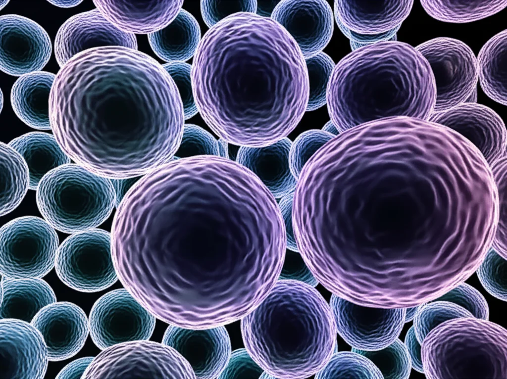 Macro fotografia, lente 90mm, di cellule ovariche stilizzate con dettagli precisi che suggeriscono la complessità della PCOS, illuminazione controllata per evidenziare le texture, sfondo scuro per focus sul soggetto.