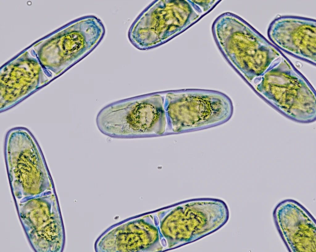 Macro fotografia di cellule del cianobatterio DS4 in sospensione acquosa, illuminate lateralmente per evidenziare la loro forma e la texture della parete cellulare, obiettivo macro 100mm, alta definizione, luce controllata per dettagli scientifici.
