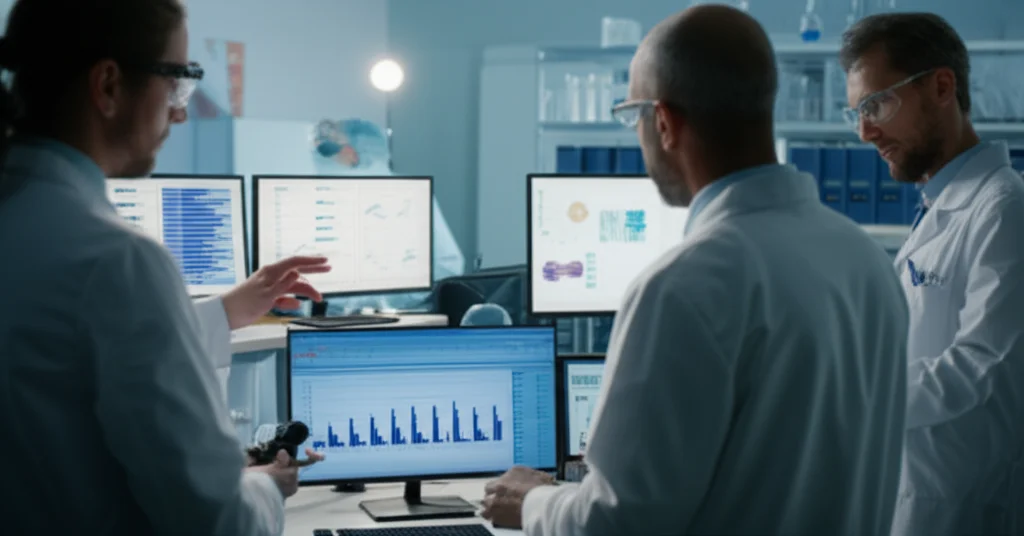 Un team di ricercatori in un laboratorio moderno discute davanti a schermi che mostrano dati e grafici relativi a studi clinici. Lente zoom 24-70mm per catturare sia i ricercatori che i dati in background, con un'illuminazione da studio che crea un'atmosfera professionale e high-tech. Dettagli come provette e attrezzature scientifiche visibili.