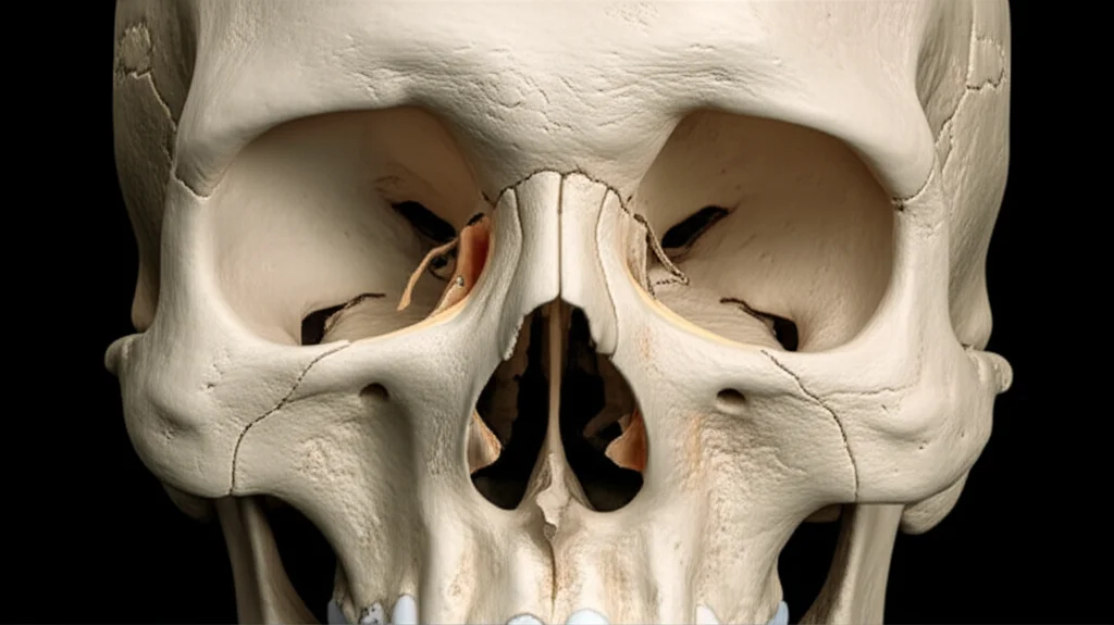 Immagine macro ad alta definizione di un modello anatomico 3D di un cranio umano sezionato, che mostra chiaramente una concha bullosa nel turbinato medio, illuminazione da studio controllata per evidenziare i dettagli ossei e la cavità pneumatizzata. Obiettivo macro 100mm, alta precisione di messa a fuoco.