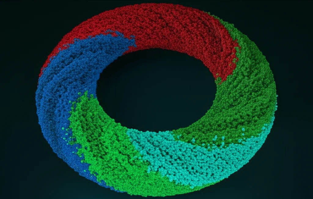Visualizzazione 3D astratta del genoma circolare del cianobatterio DS4, con specifici cluster genici per la tolleranza al calore, alla salinità e la fissazione dell'azoto evidenziati con colori vivaci su sfondo scuro, alta definizione, illuminazione che enfatizza i dettagli genomici.