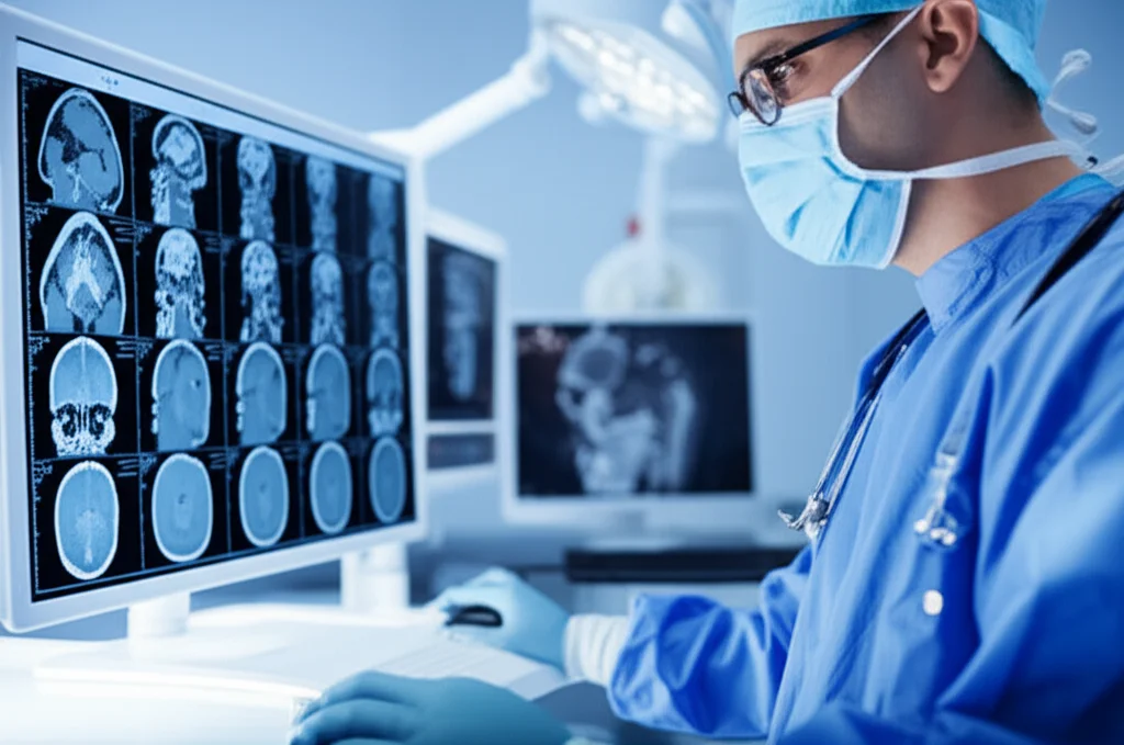 Fotografia di un chirurgo otorinolaringoiatra che esamina una TAC cranica su un monitor ad alta risoluzione in una sala operatoria moderna, concentrato sulla pianificazione pre-operatoria. Profondità di campo, obiettivo 35mm, toni freddi e bluastri per un'atmosfera clinica.