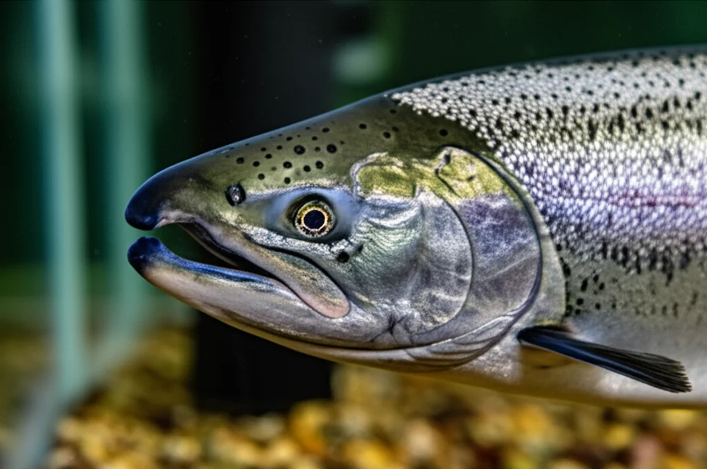 Fotografia macro ad alto dettaglio di un giovane salmone Chinook in un acquario sperimentale, con particolare attenzione agli occhi e alle scaglie brillanti. L'illuminazione è controllata per simulare condizioni di luce diurna, obiettivo macro 105mm, high detail, precise focusing.