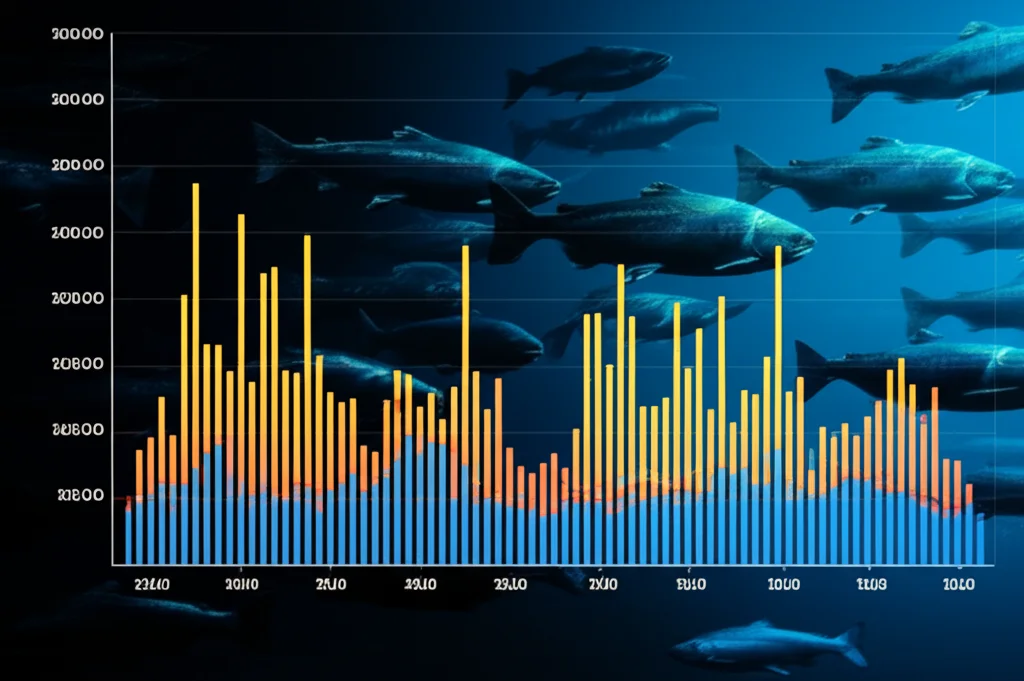 Immagine stilizzata che mostra un grafico di espressione genica circadiana con picchi e valli su un periodo di 24 ore, sovrapposto a un'immagine di salmoni che nuotano. L'illuminazione del grafico è dinamica, passando da tonalità calde (giorno) a fredde (notte). Obiettivo grandangolare 24mm, profondità di campo per mantenere a fuoco sia il grafico che i salmoni sullo sfondo.