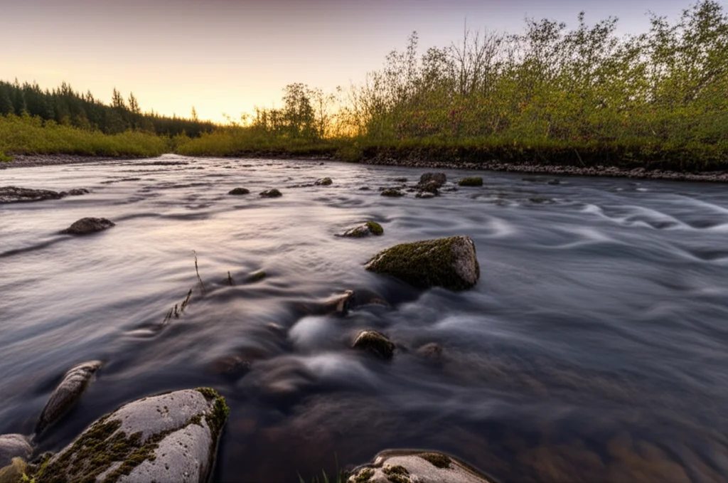 Fotografia paesaggistica di un fiume selvaggio al tramonto, con acqua che scorre dolcemente su rocce levigate, a simboleggiare l'ambiente naturale dei salmoni e il ciclo giorno-notte. Obiettivo grandangolare 16mm, lunga esposizione per acqua setosa, messa a fuoco nitida sulle rocce in primo piano.