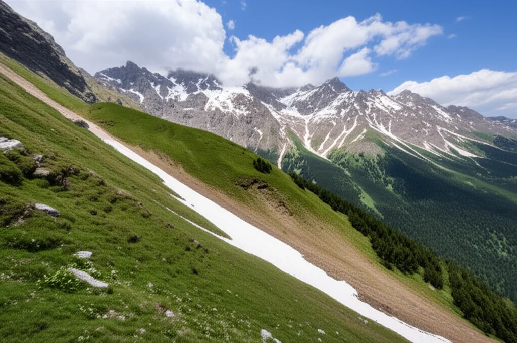 Un paesaggio montano con un chiaro gradiente ambientale dalla valle verde alla cima innevata, wide-angle, 15mm, long exposure, sharp focus, a simboleggiare la scelta dell'habitat lungo un gradiente.