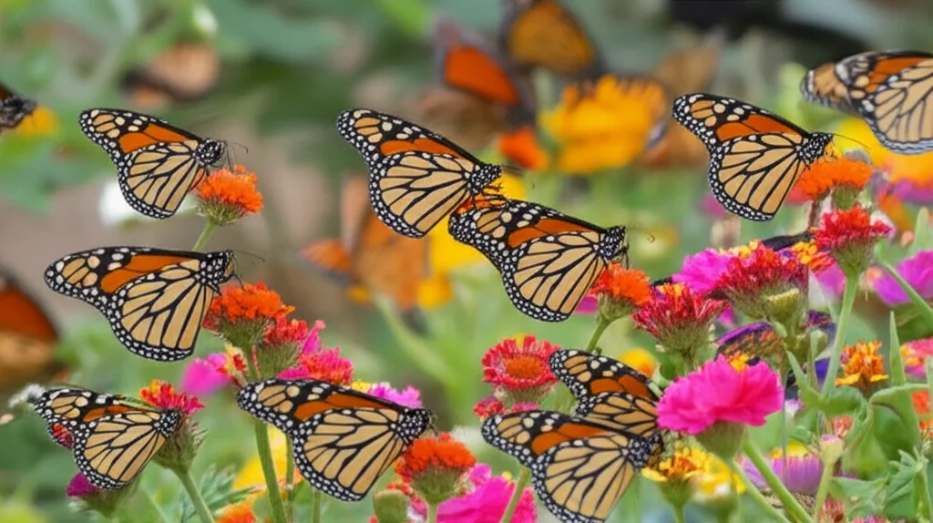 Un gruppo di farfalle monarca in migrazione che si spostano verso un'area con fiori abbondanti, telephoto zoom, 200mm, fast shutter speed, action tracking, a rappresentare la dispersione ottimale del fenotipo.