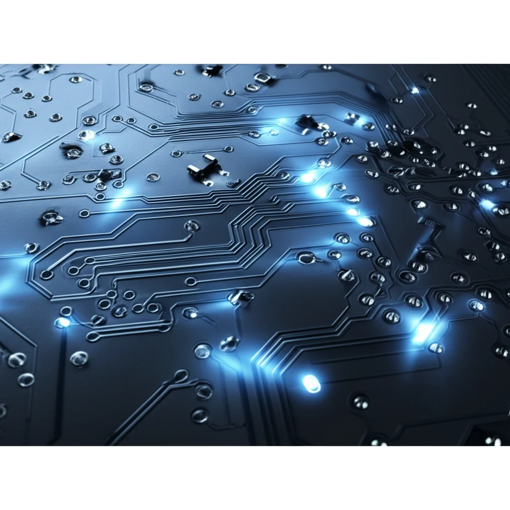 Primo piano di una scheda elettronica complessa con percorsi luminosi che si intersecano, a simboleggiare lo scambio di informazioni tra il Detail-Aware Path e il Context Path. Obiettivo macro 100mm, alta definizione, illuminazione controllata per evidenziare i circuiti, effetto duotone blu e argento.