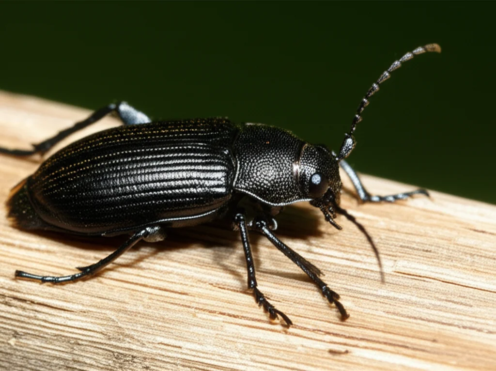 Un primo piano macro di un coleottero mimetizzato su una corteccia d'albero, macro lens, 90mm, high detail, precise focusing, controlled lighting, per illustrare l'adattamento fenotipico all'ambiente e la specializzazione.