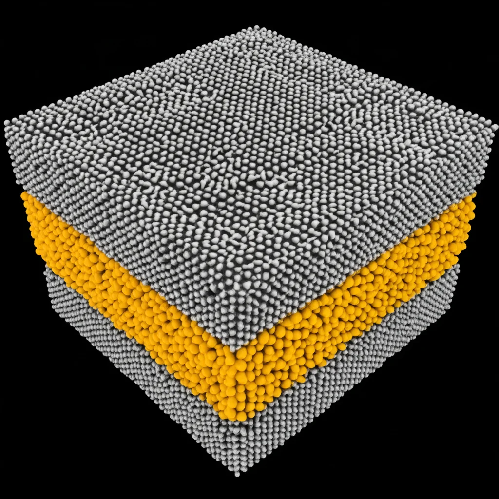 Macro shot, 80mm lens, di una sezione trasversale concettuale di una batteria al litio allo stato solido, che evidenzia uno strato poroso di MOF all'indio che interagisce con un elettrolita polimerico e un anodo di litio metallico. Alta definizione, messa a fuoco precisa, illuminazione da studio controllata, che enfatizza l'interfaccia e la struttura interna.