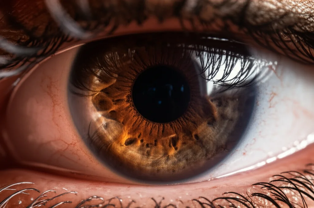 Primo piano di un occhio umano con segni evidenti di endoftalmite, come forte arrossamento, pupilla irregolare e opacità corneale. Macro lens, 90mm, alta definizione, illuminazione controllata per evidenziare i dettagli patologici.