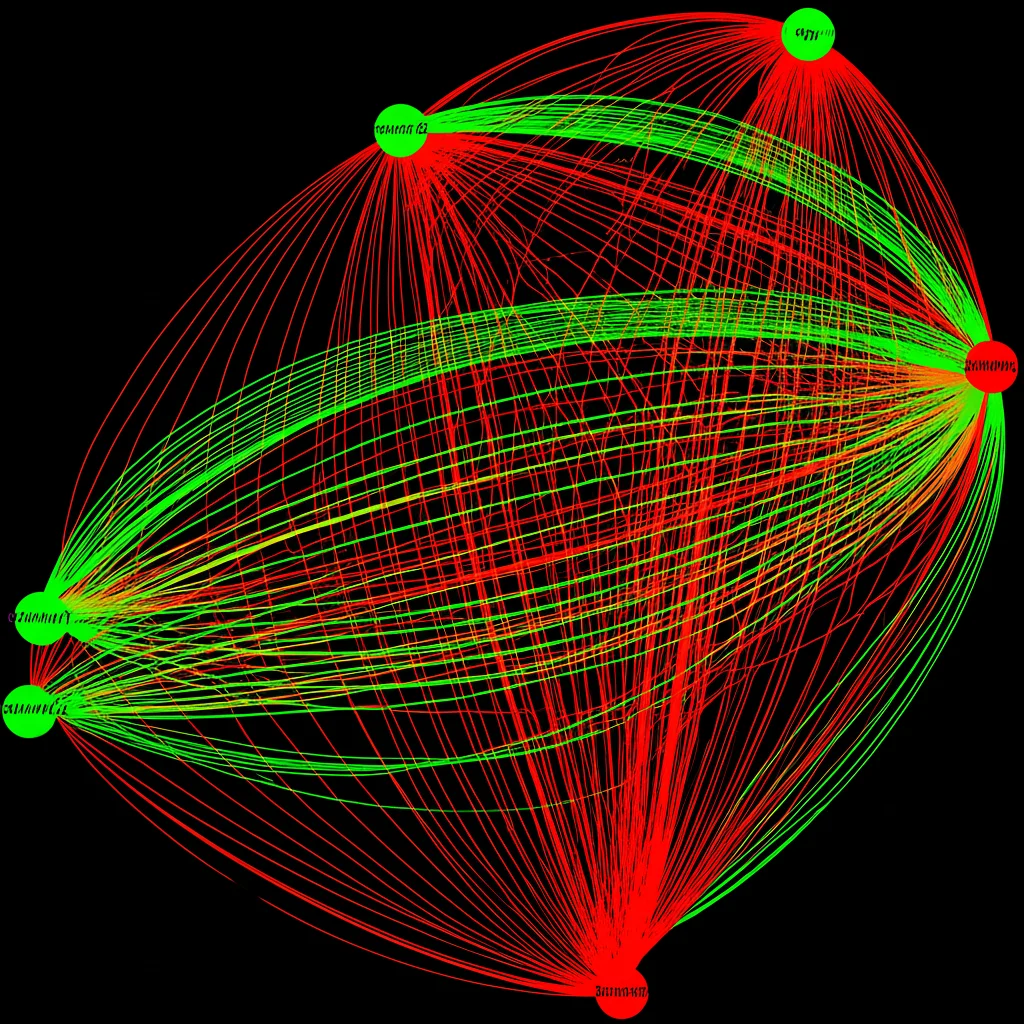 Un diagramma complesso su uno schermo digitale che mostra una Mappa Cognitiva Fuzzy con nodi interconnessi rappresentanti criteri di selezione dei fornitori, alcuni collegamenti in verde (positivi) e altri in rosso (negativi), obiettivo macro 70mm, alta definizione per i dettagli delle connessioni, illuminazione controllata.